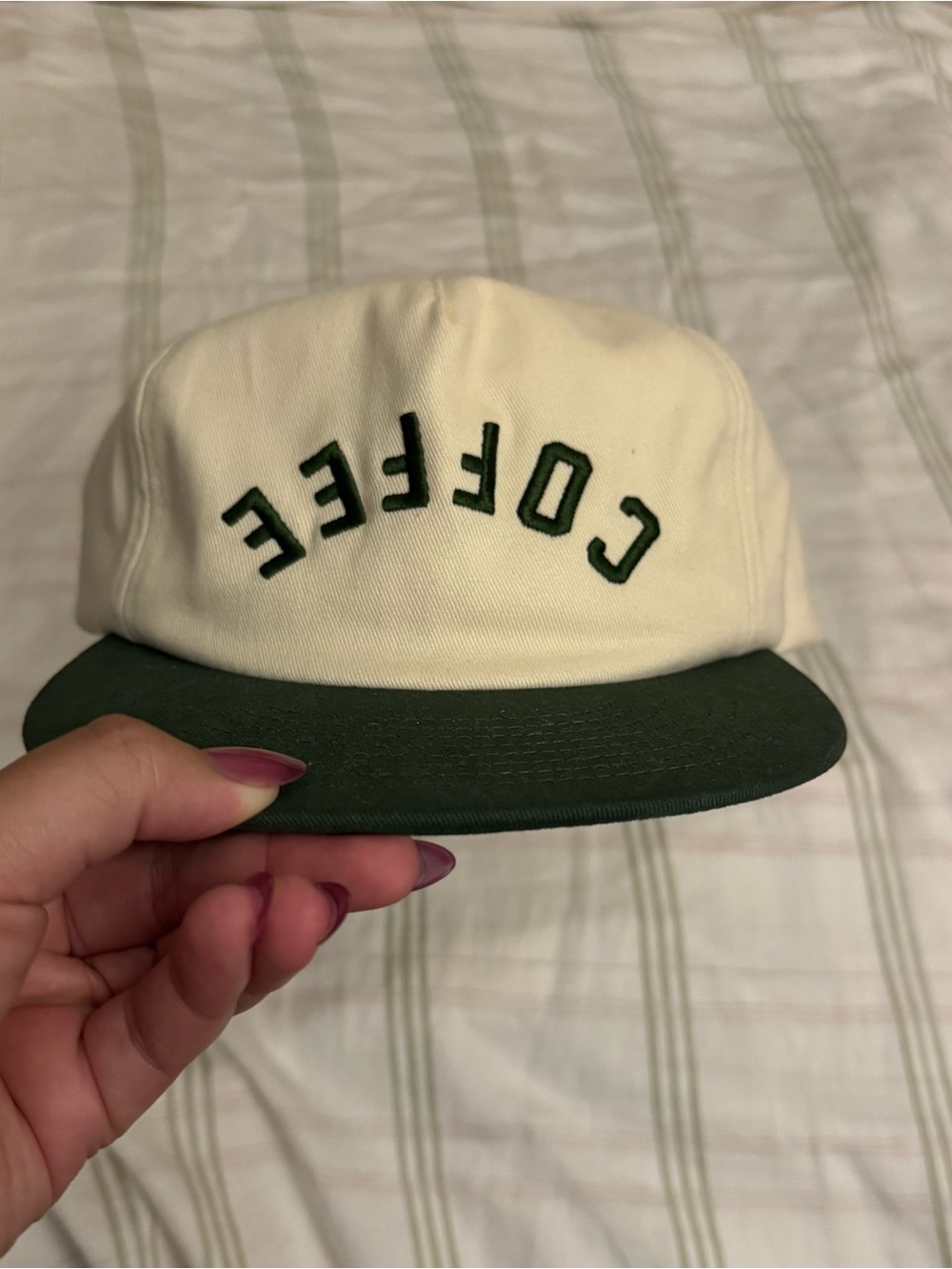 Cream and Dark Green Coffee Cap